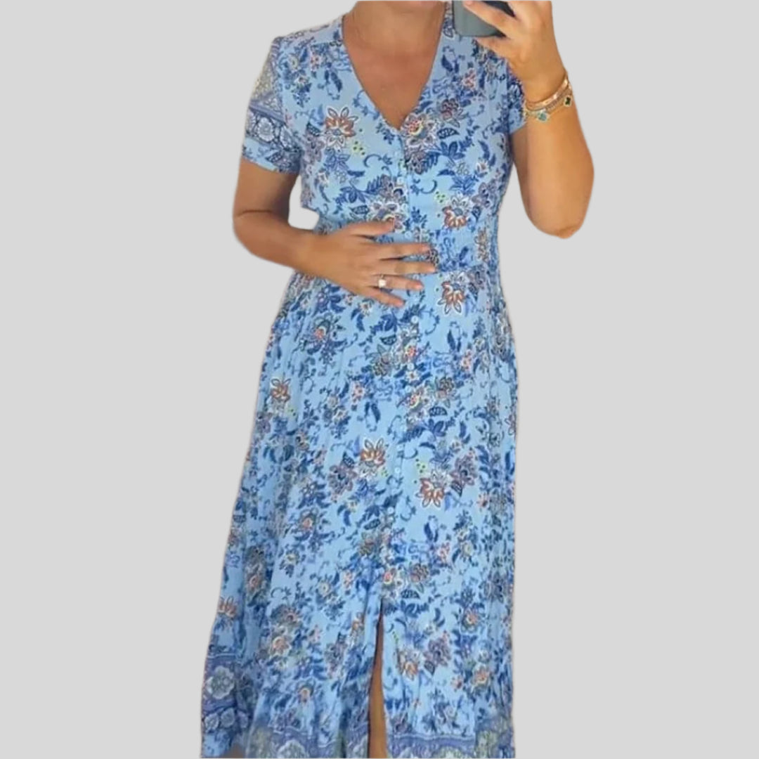 Ausgestelltes Ibiza-Kleid mit Blumenmuster | Maxi