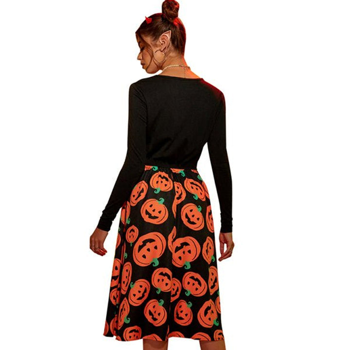 Gespenstisches Halloween Kostüm-Kleid mit Kürbisdruck | Midi