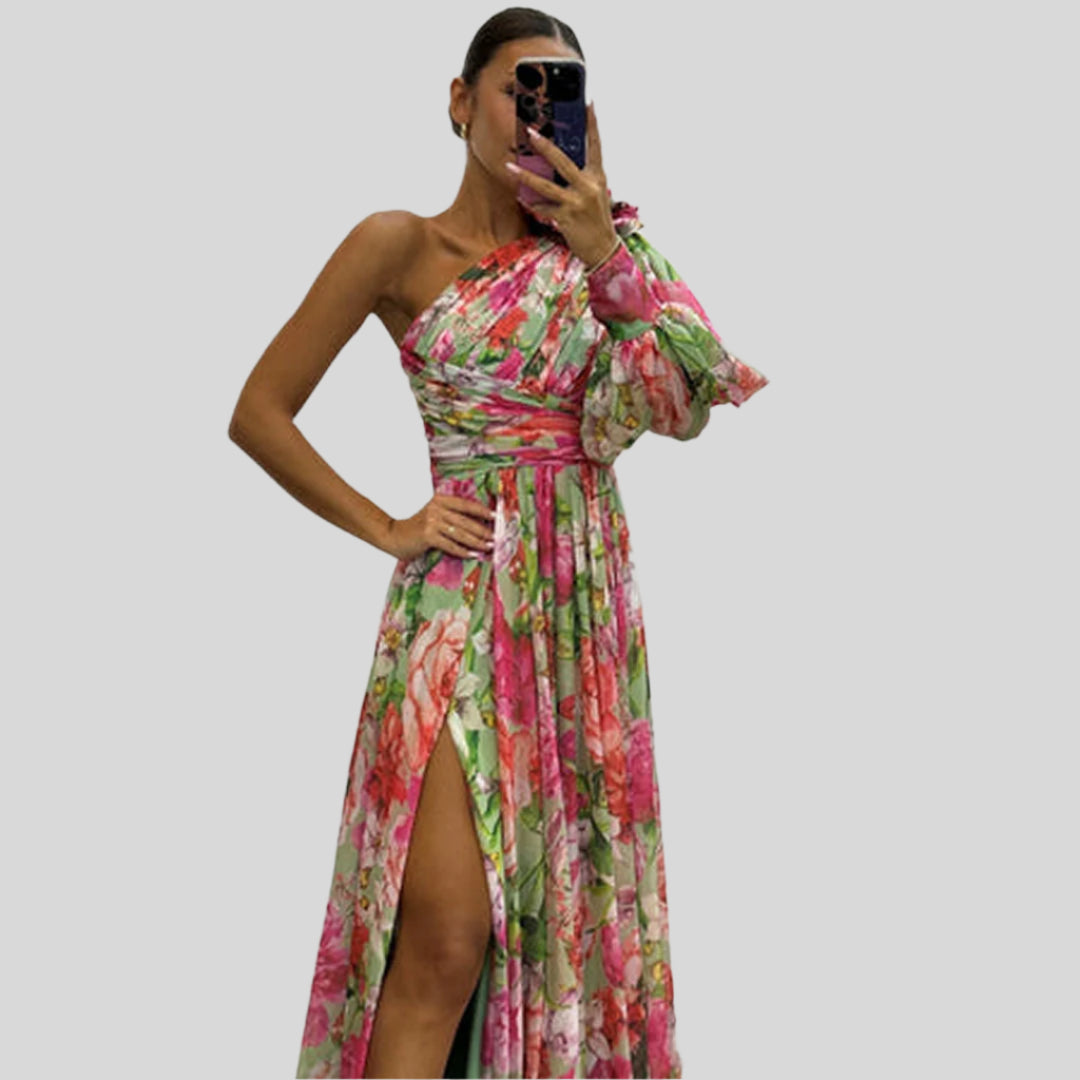 Hochzeitsgastkleid mit Hohem Schlitz und Blumenmuster | Maxi