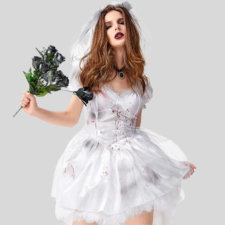 Vampirbraut Halloween Kleid mit Blutflecken | Mini