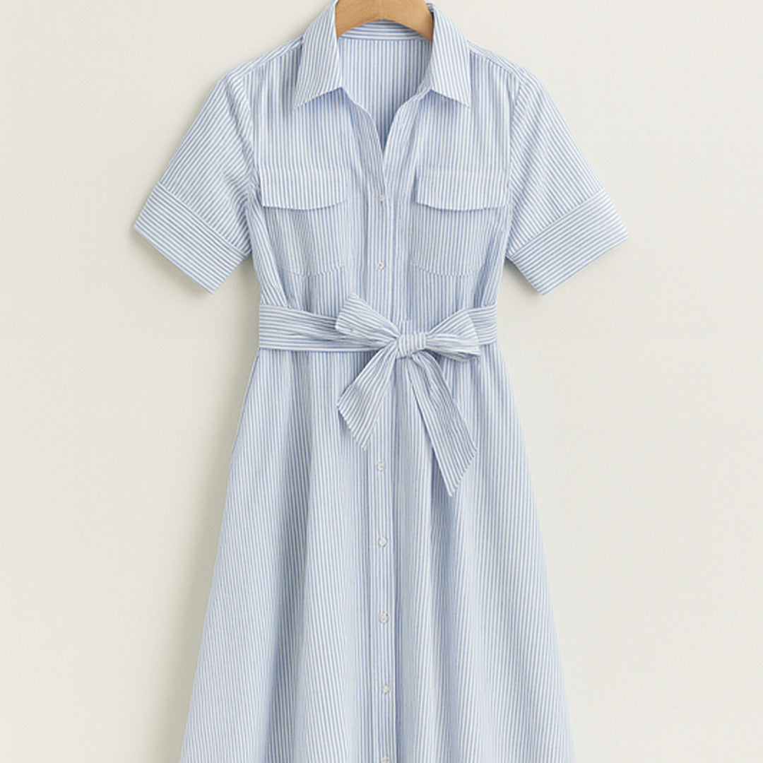 Gestreiftes Hemdkleid mit Taillengürtel | Midi