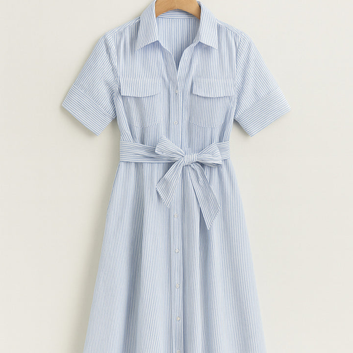 Gestreiftes Hemdkleid mit Taillengürtel | Midi