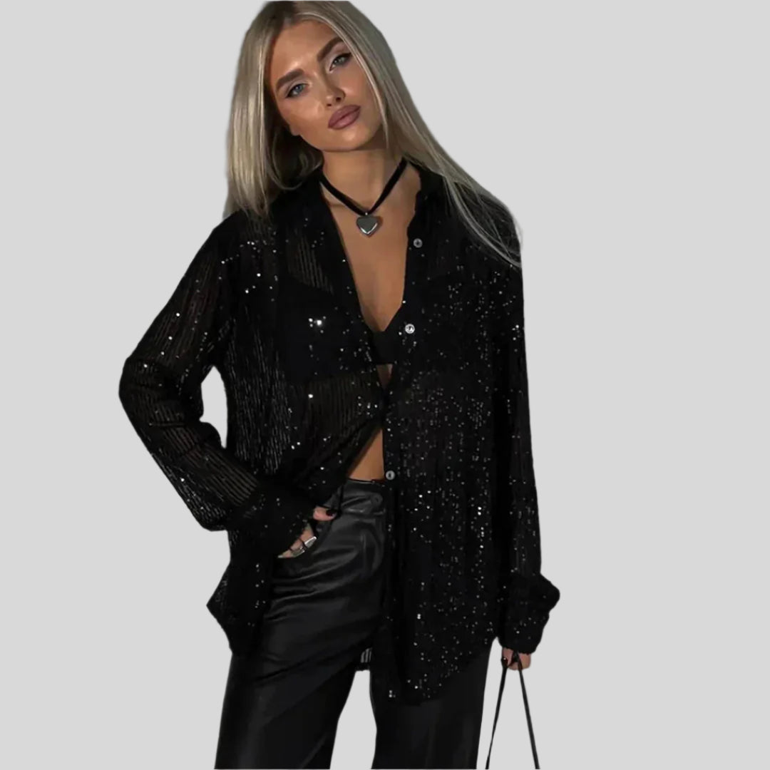 Bertha | Damen Stilvoll Pailletten Glitzertop | Langarm