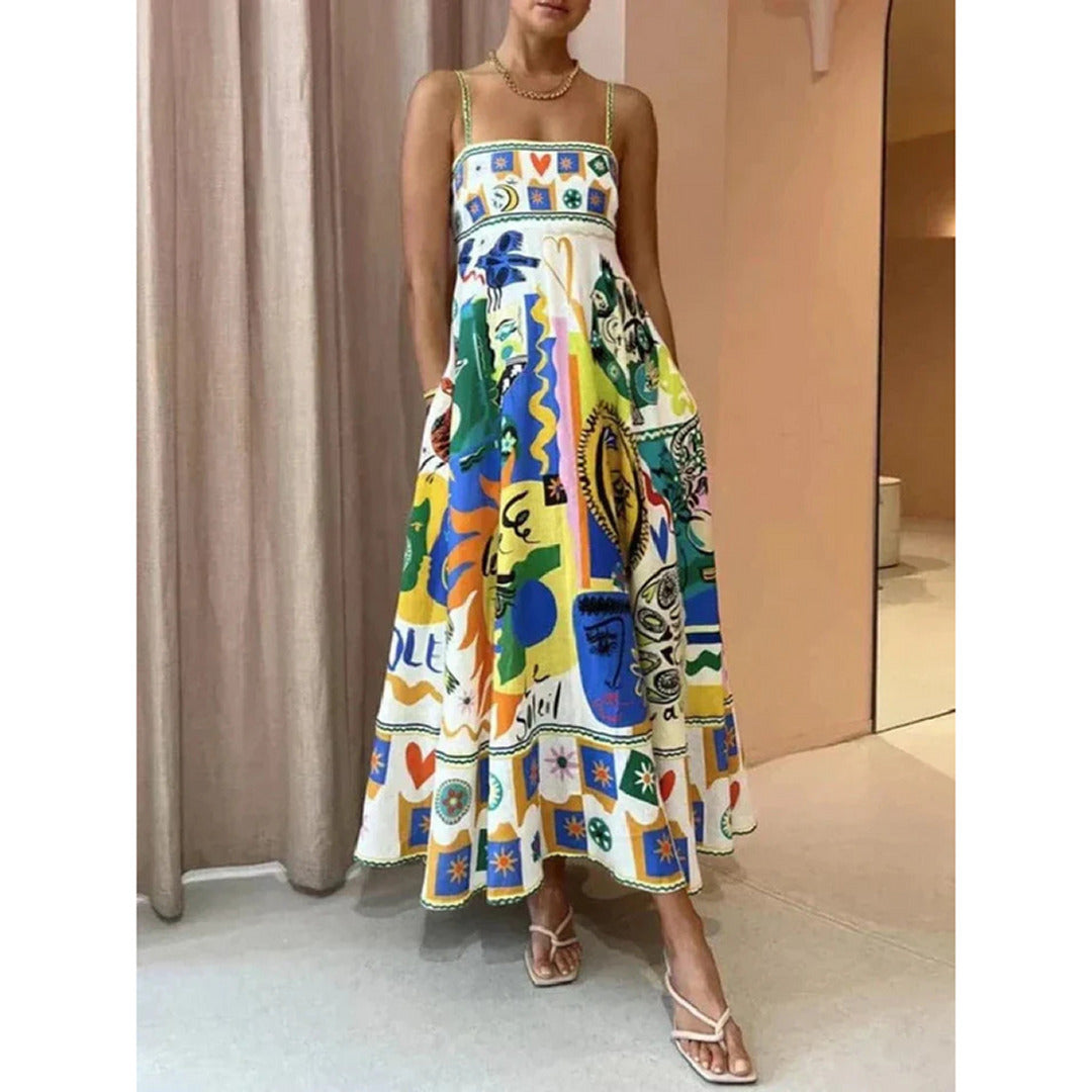 Bedrucktes Spaghetti-Träger-Sommerkleid | Maxi