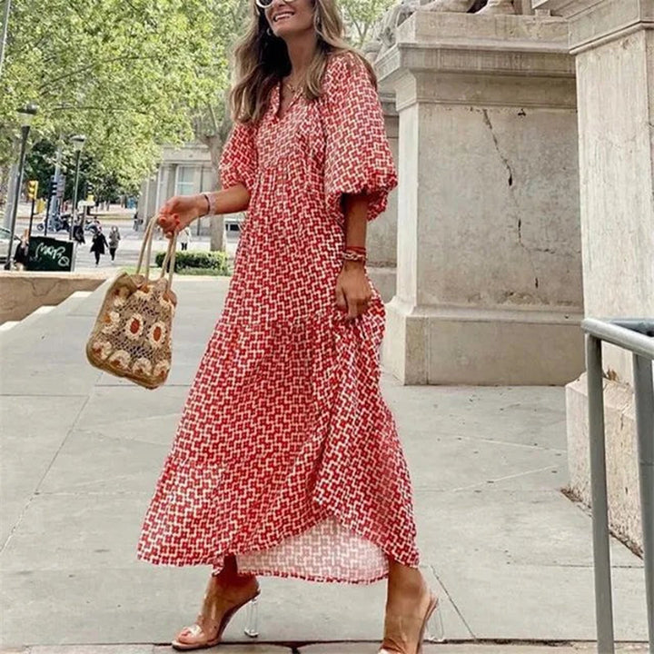 Boho Blumen Bedrucktes Maxikleid | Kurzärmlig