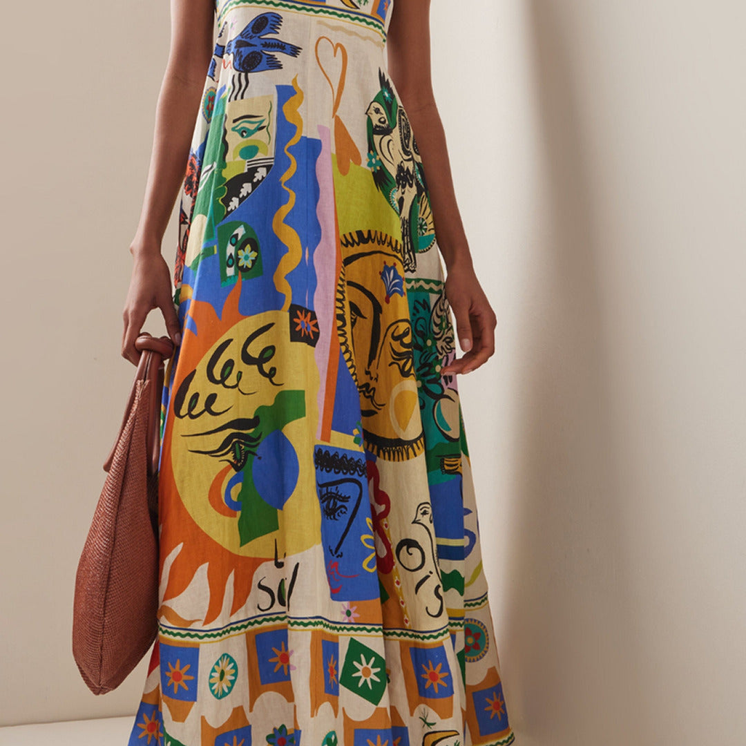 Bedrucktes Spaghetti-Träger-Sommerkleid | Maxi