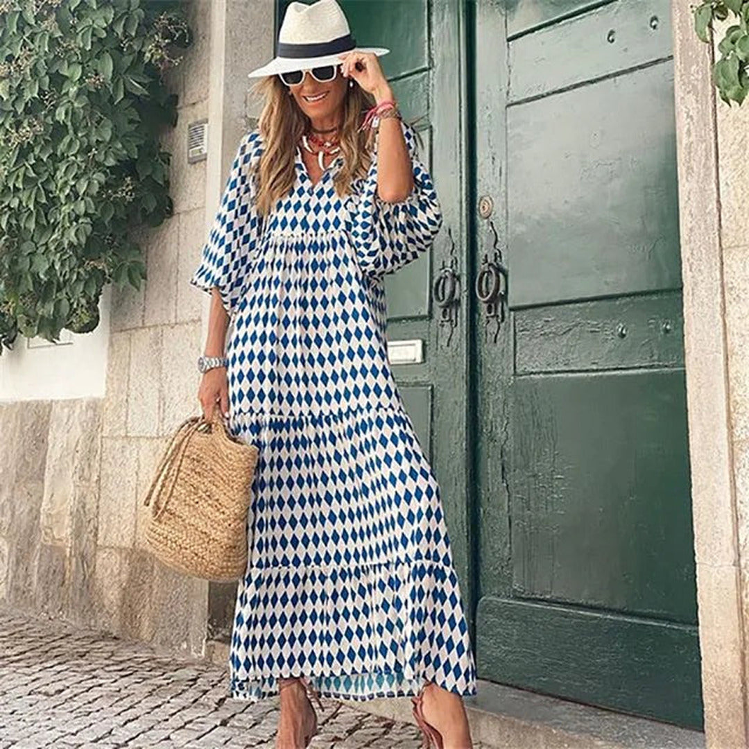 Boho Blumen Bedrucktes Maxikleid | Kurzärmlig