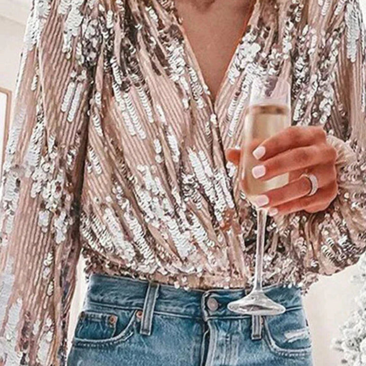 Sierra | Damen Glamour Bluse | V Ausschnitt