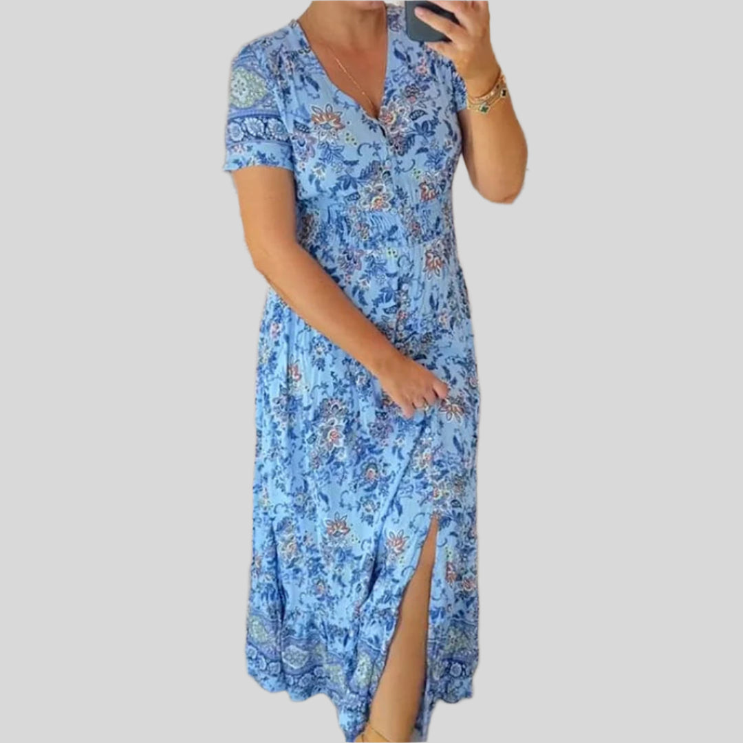 Ausgestelltes Ibiza-Kleid mit Blumenmuster | Maxi