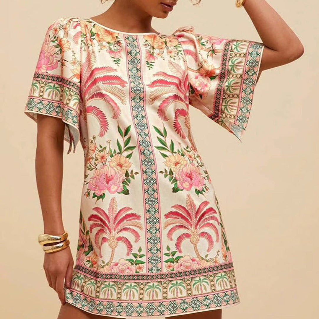 Kurzes Bedrucktes Kleid mit Rundhalsausschnitt | Mini