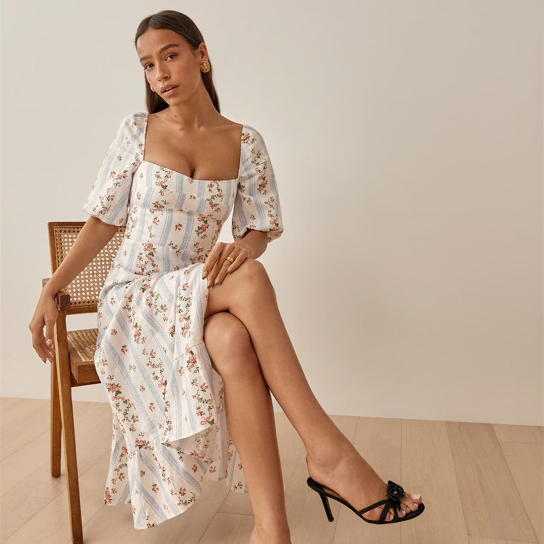 Elegantes Sommerkleid mit Blumenmuster | Quadratischer Ausschnitt