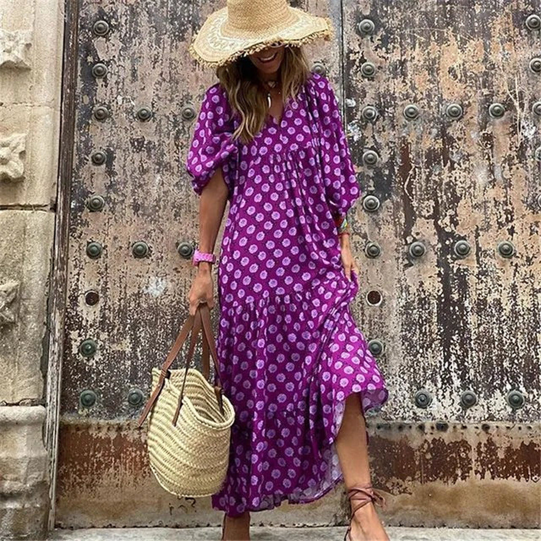 Boho Blumen Bedrucktes Maxikleid | Kurzärmlig