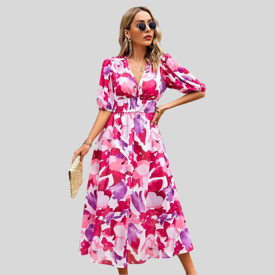 Kiara | Damen Zeitloses Midi-Kleid mit Puffärmeln | Sommer