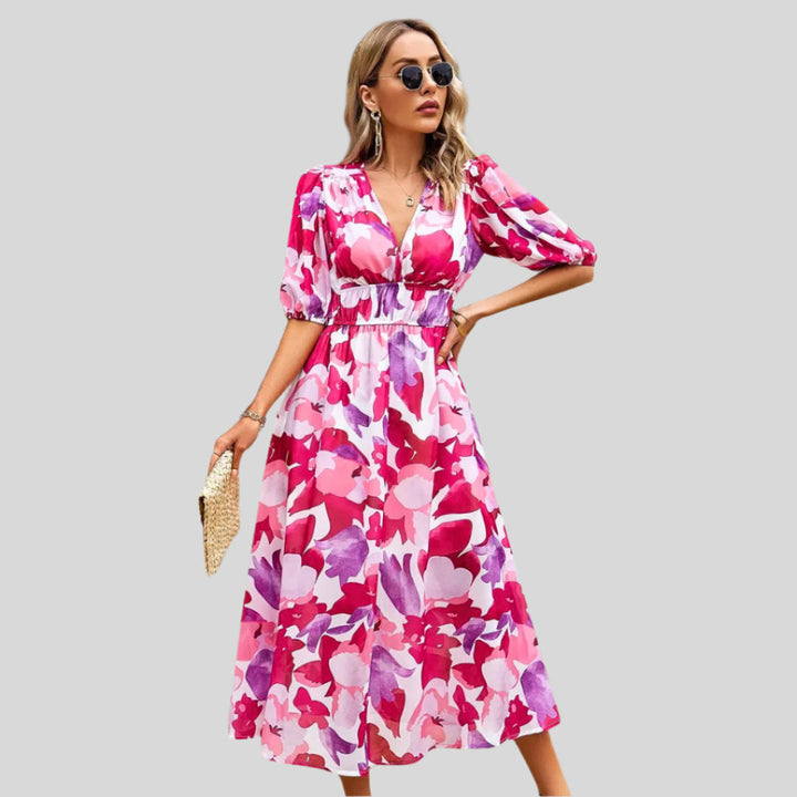 Kiara | Damen Zeitloses Midi-Kleid mit Puffärmeln | Sommer