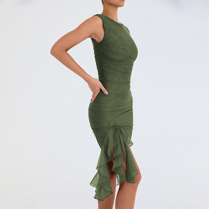 Knielanges Sommerkleid mit Gerüschtem Schlitz | Midi