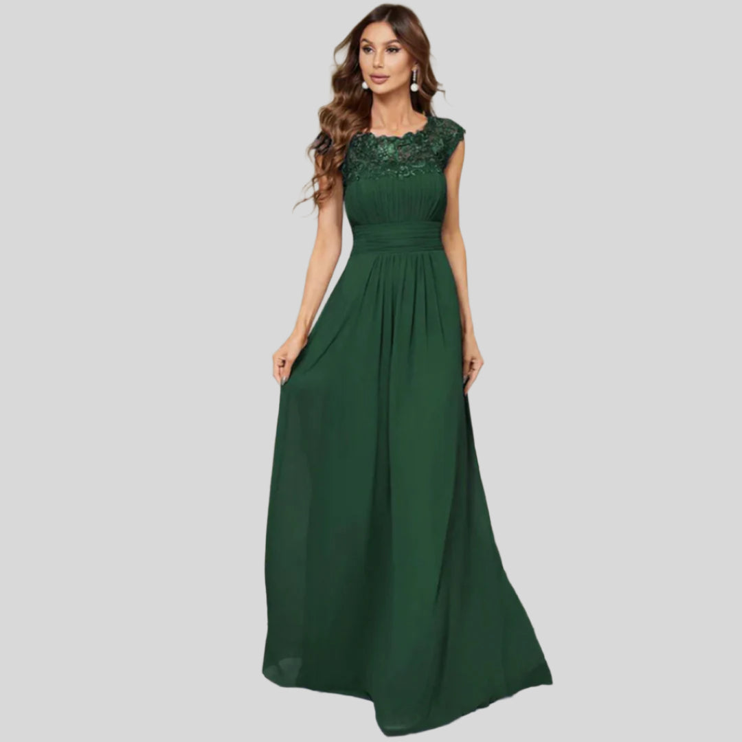 Damenkleid mit Plissierten Kappenärmeln | Maxi
