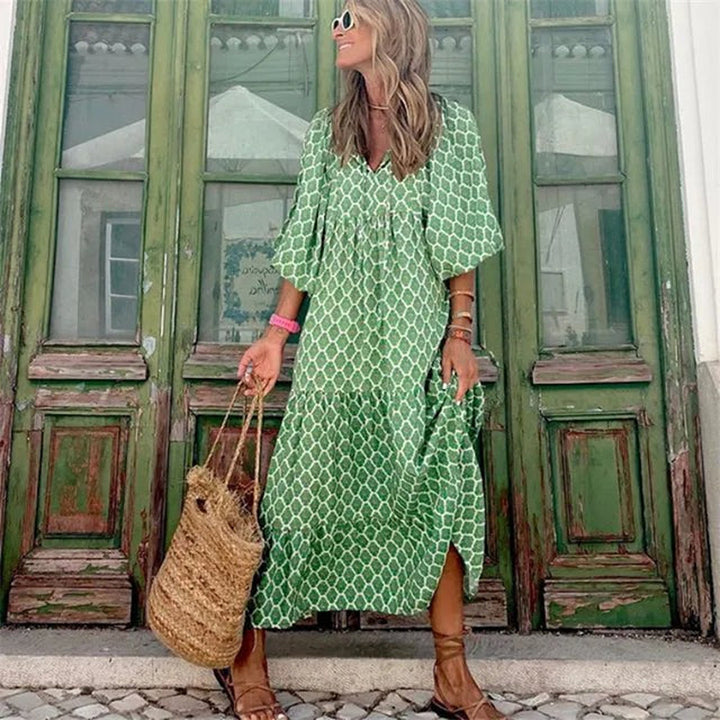 Boho Blumen Bedrucktes Maxikleid | Kurzärmlig