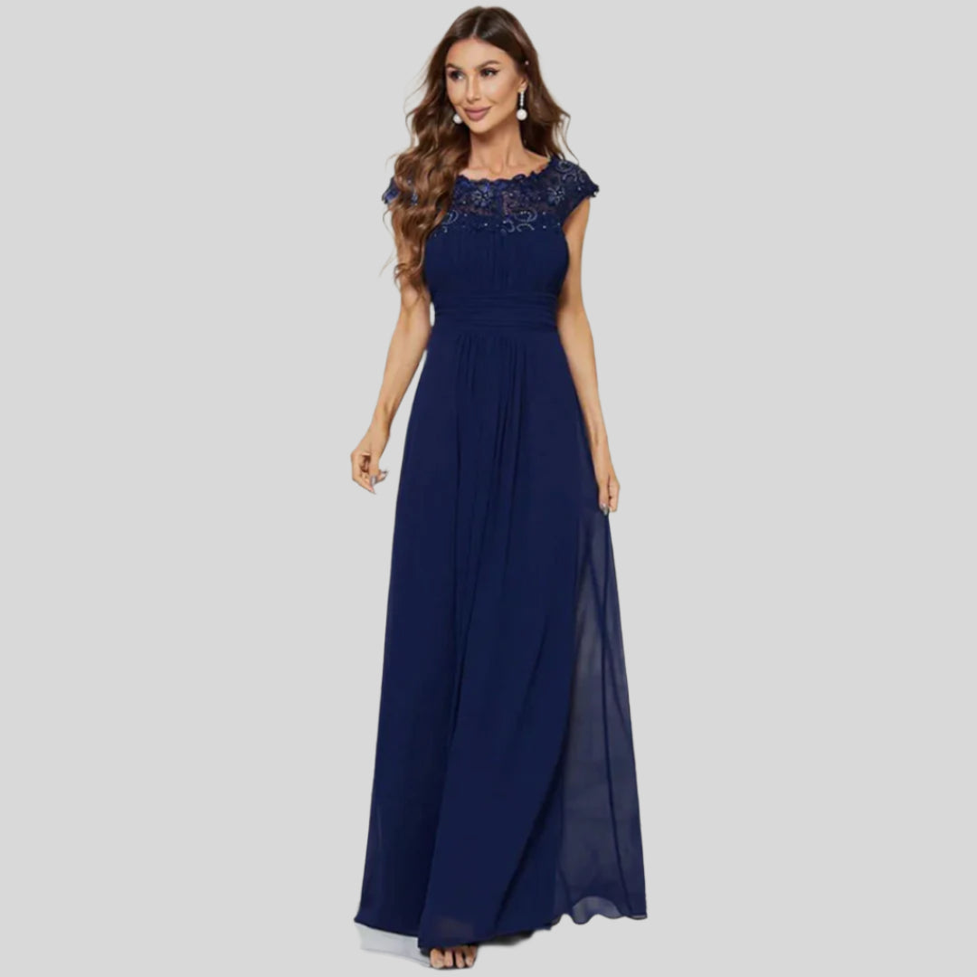 Damenkleid mit Plissierten Kappenärmeln | Maxi