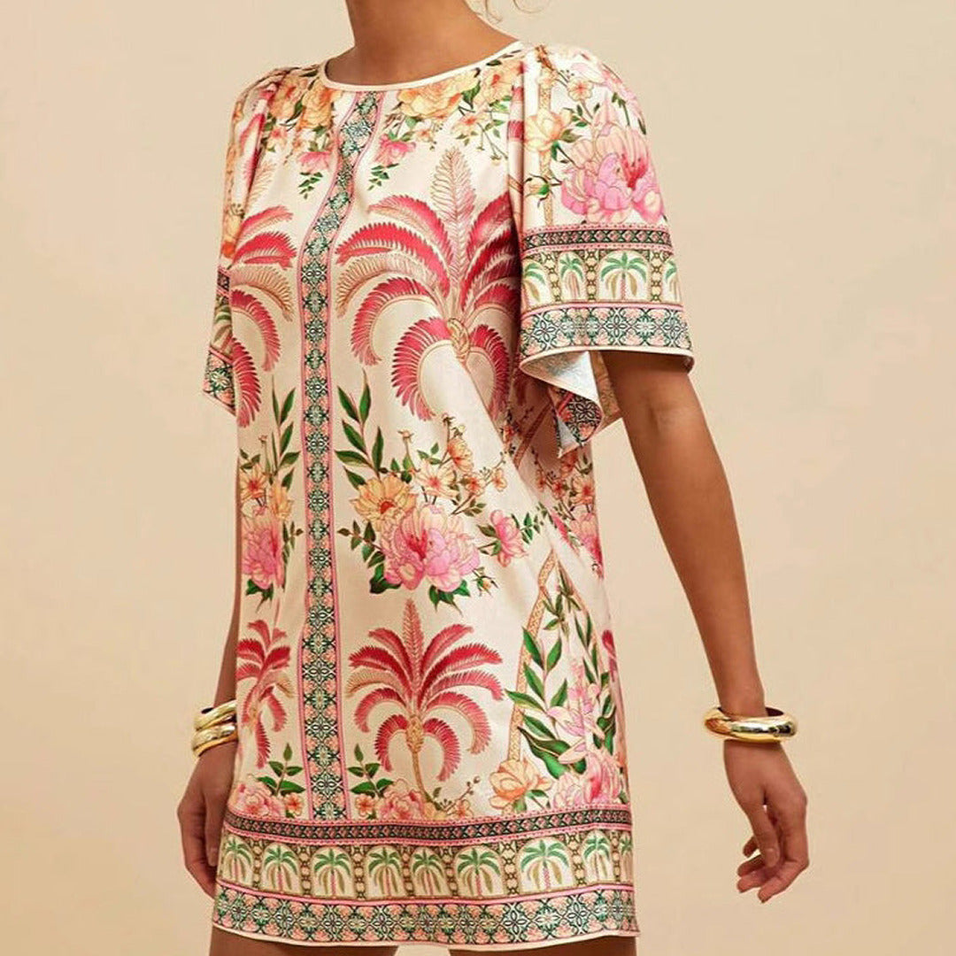 Kurzes Bedrucktes Kleid mit Rundhalsausschnitt | Mini