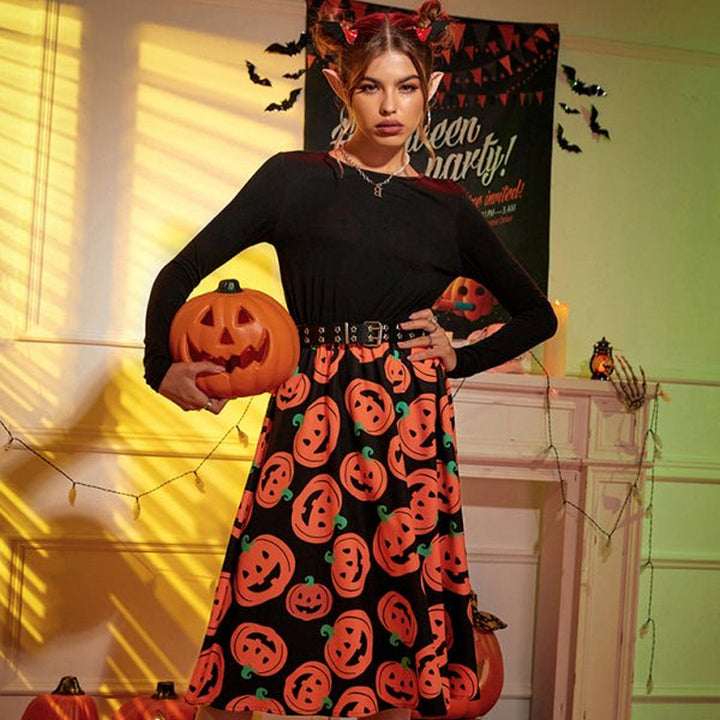 Gespenstisches Halloween Kostüm-Kleid mit Kürbisdruck | Midi