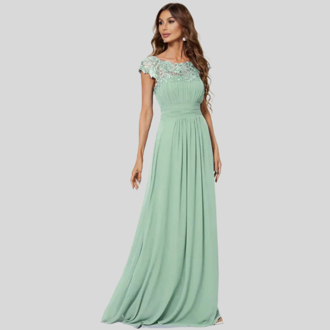 Damenkleid mit Plissierten Kappenärmeln | Maxi