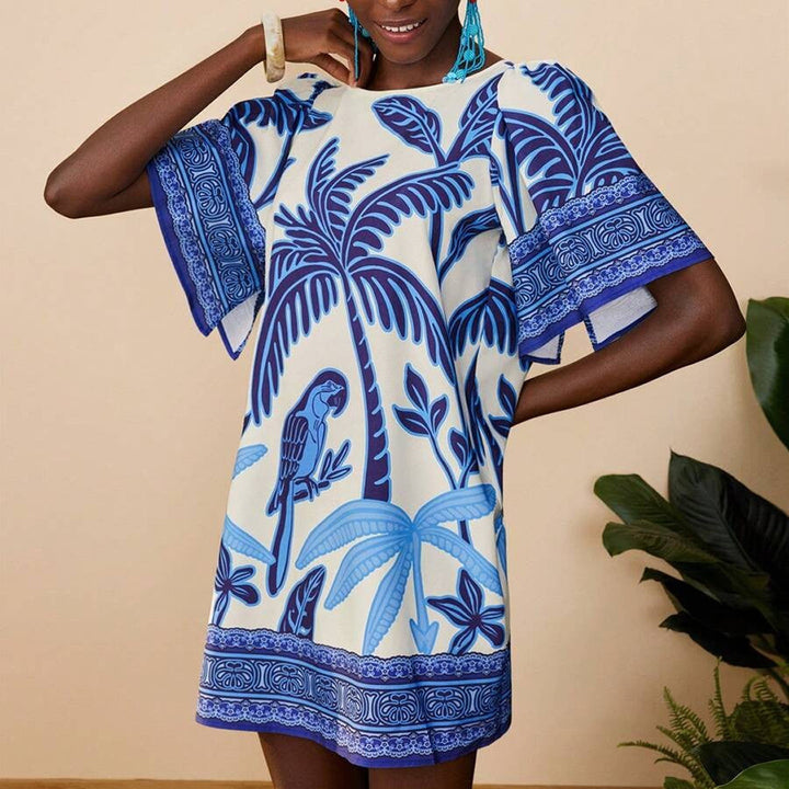 Kurzes Bedrucktes Kleid mit Rundhalsausschnitt | Mini