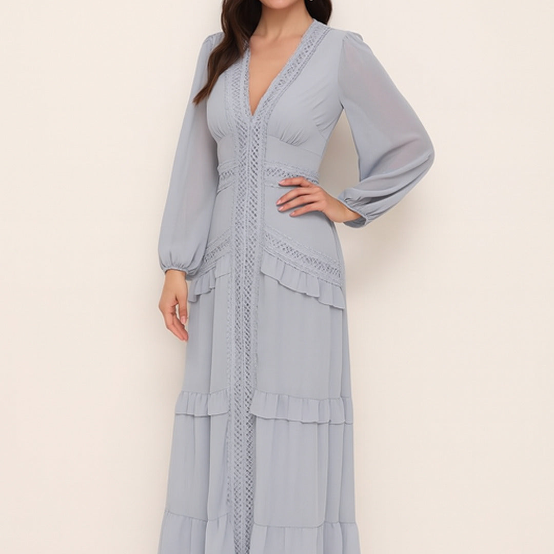 Elegantes Maxikleid mit Rüschen | V-Ausschnitt