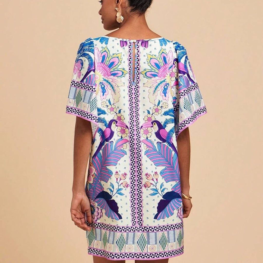 Kurzes Bedrucktes Kleid mit Rundhalsausschnitt | Mini
