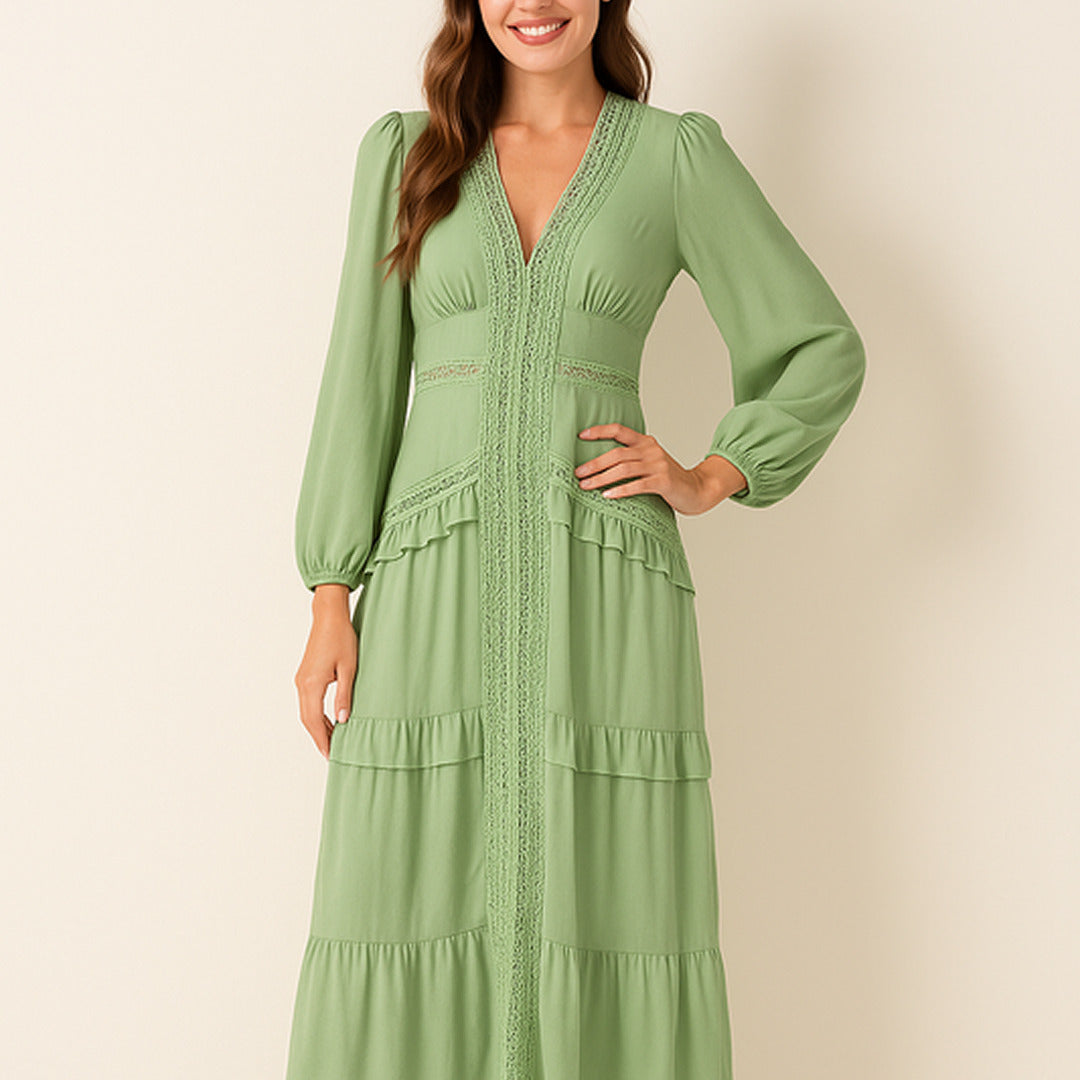 Elegantes Maxikleid mit Rüschen | V-Ausschnitt
