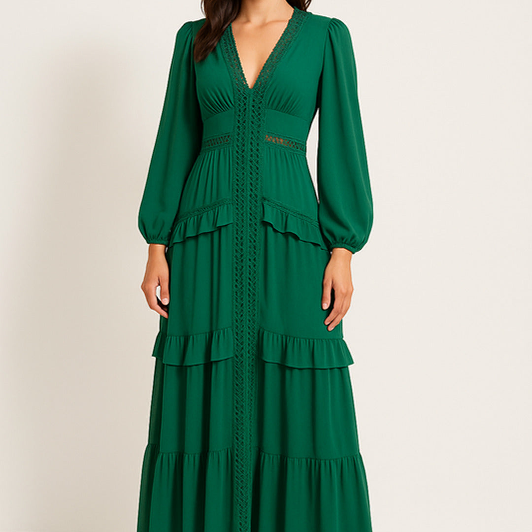 Elegantes Maxikleid mit Rüschen | V-Ausschnitt