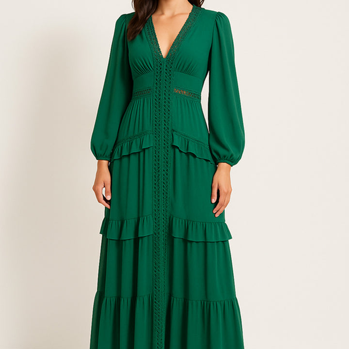 Elegantes Maxikleid mit Rüschen | V-Ausschnitt