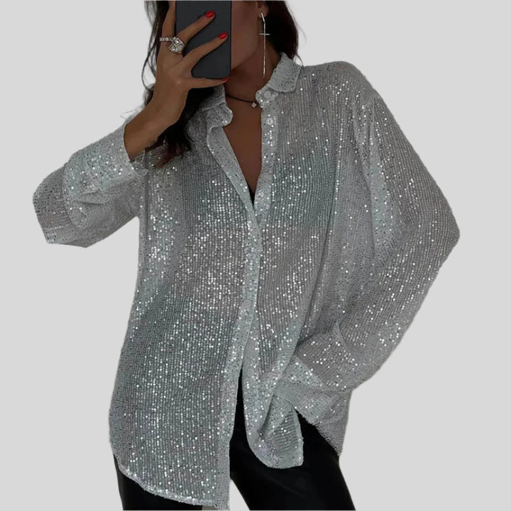 Bertha | Damen Stilvoll Pailletten Glitzertop | Langarm
