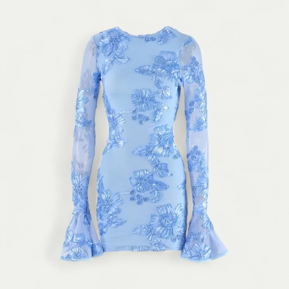 Figurbetontes Damen Minikleid mit Blumenmuster und Trompetenärmeln