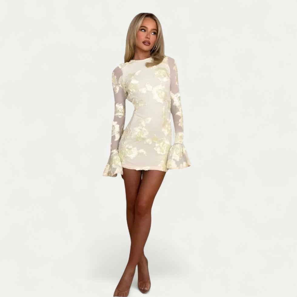 Figurbetontes Damen Minikleid mit Blumenmuster und Trompetenärmeln