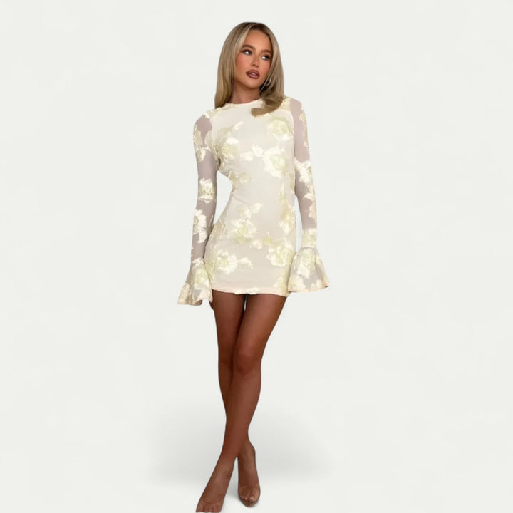 Figurbetontes Damen Minikleid mit Blumenmuster und Trompetenärmeln