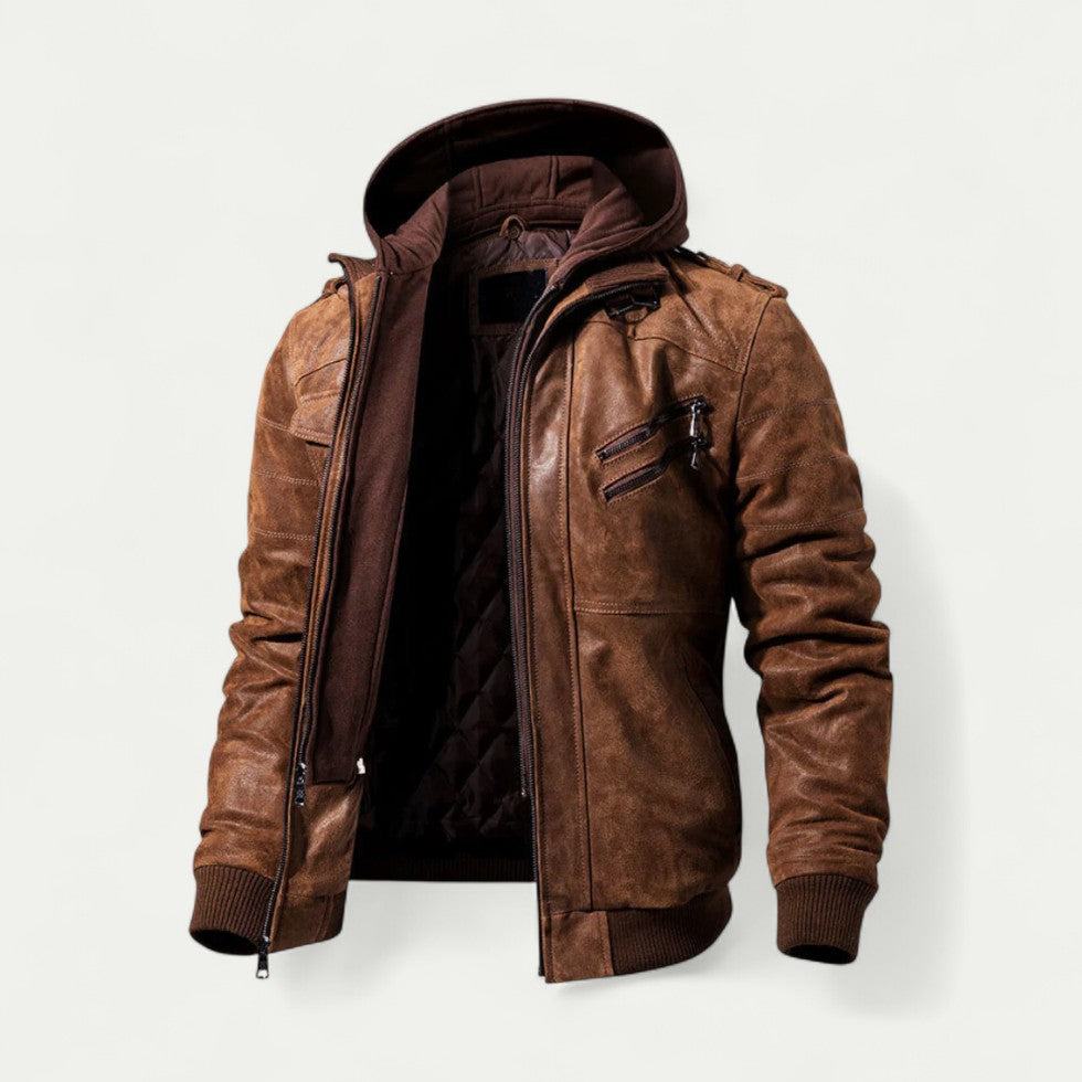 Stylische Herren Lederjacke mit Abnehmbarer Kapuze