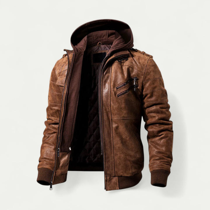 Stylische Herren Lederjacke mit Abnehmbarer Kapuze