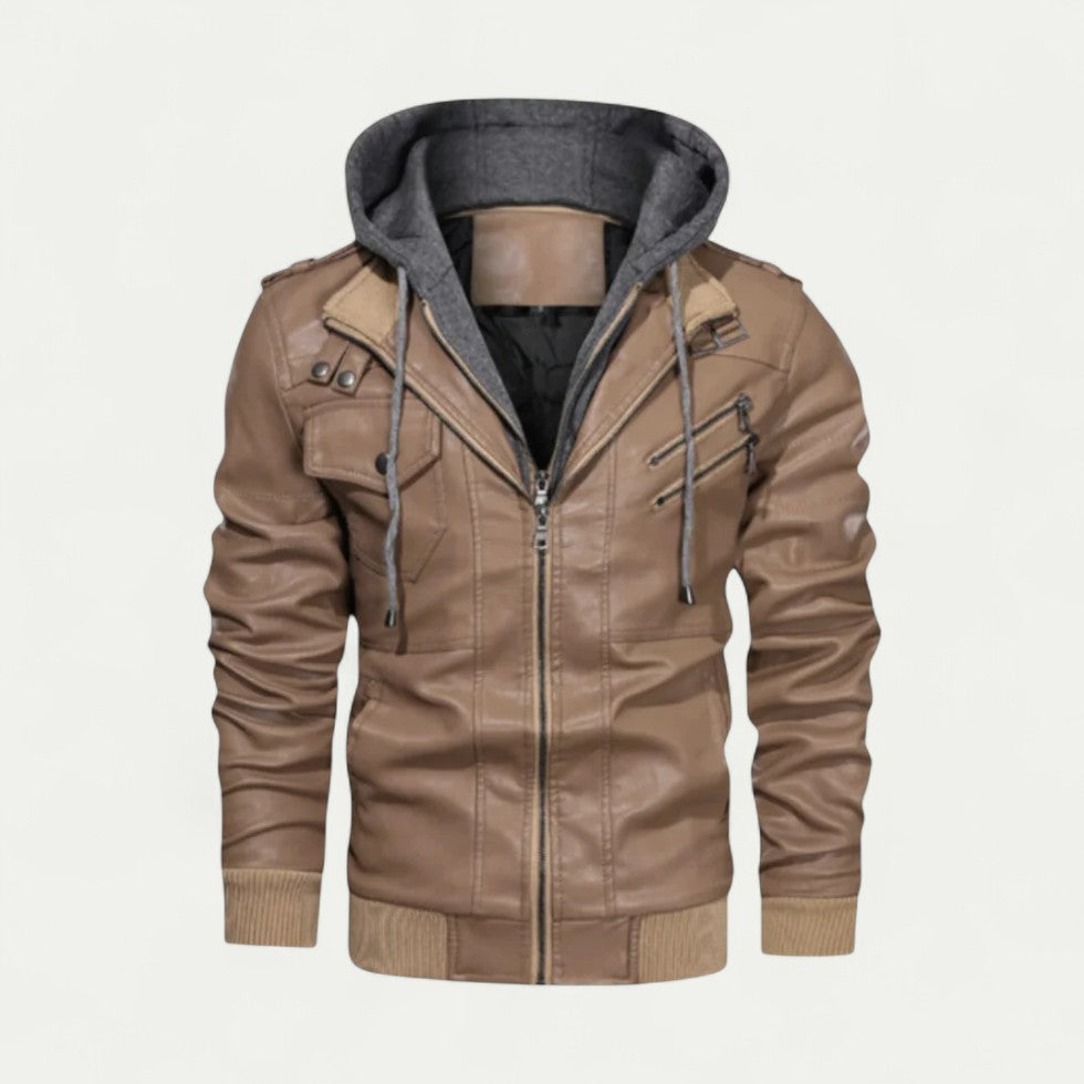 Stylische Herren Lederjacke mit Abnehmbarer Kapuze