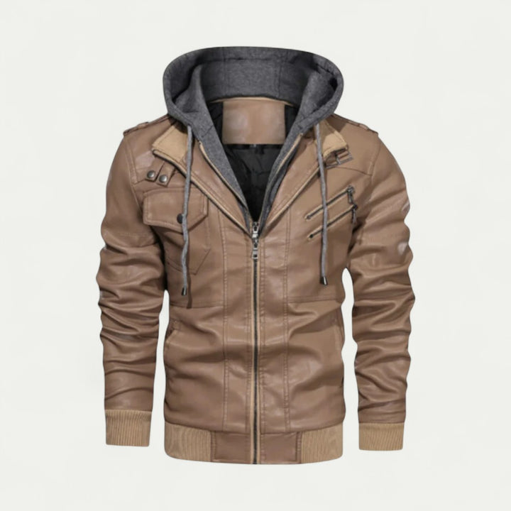 Stylische Herren Lederjacke mit Abnehmbarer Kapuze