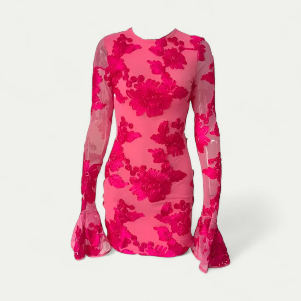 Figurbetontes Damen Minikleid mit Blumenmuster und Trompetenärmeln