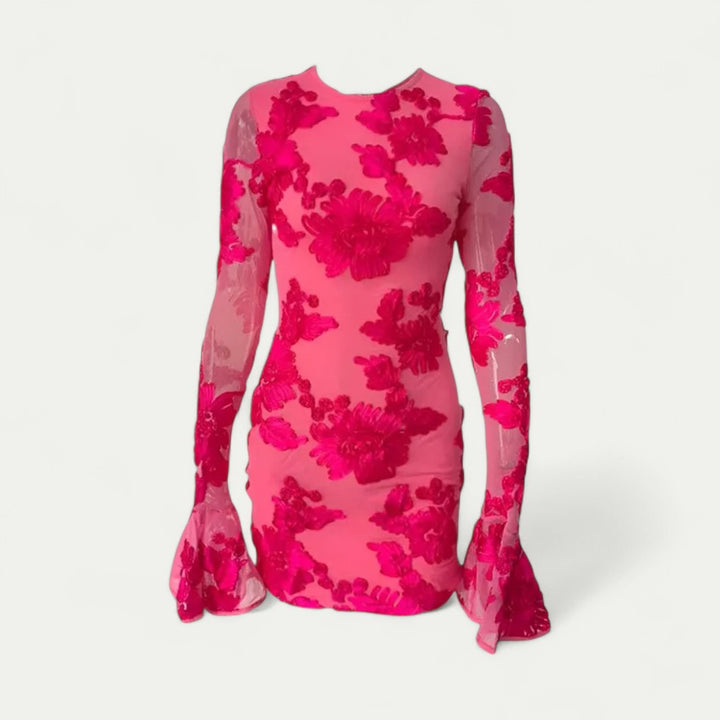 Figurbetontes Damen Minikleid mit Blumenmuster und Trompetenärmeln