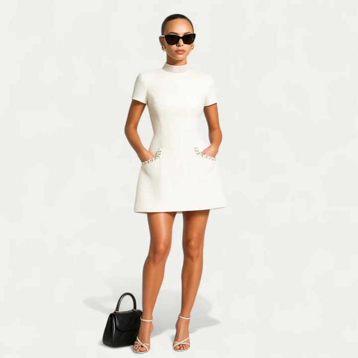 Elegantes Kurzarm Minikleid mit Perlendetails an den Taschen