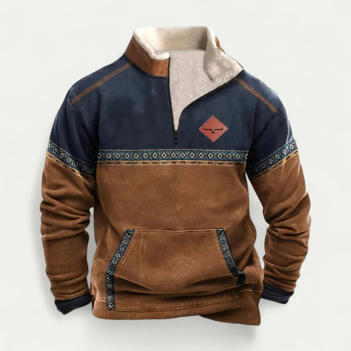 Warmer Herrenpullover mit halbem Reißverschluss und Musterdetails