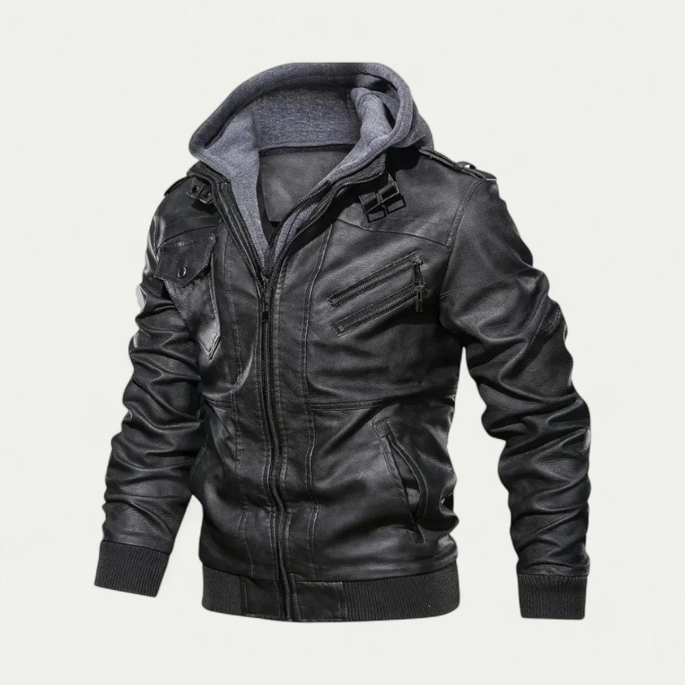 Stylische Herren Lederjacke mit Abnehmbarer Kapuze